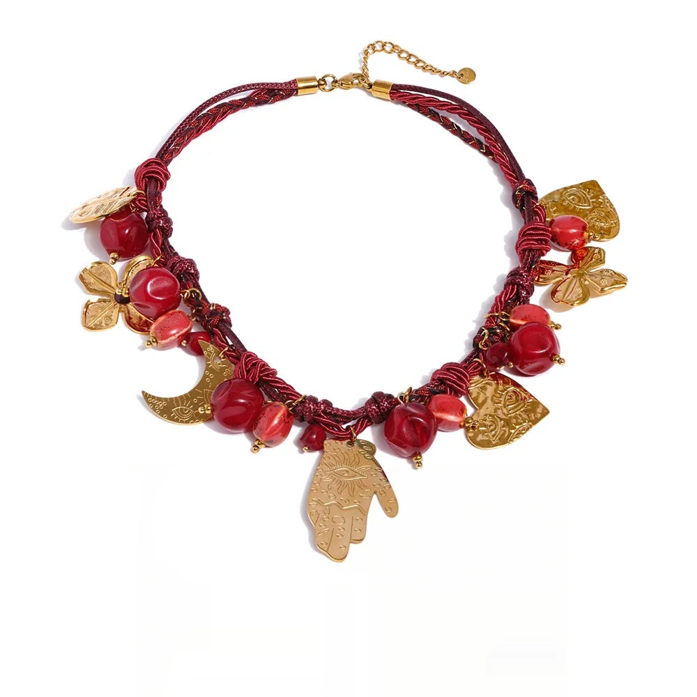 Red rope braided flower moon heart pendant necklace - product image