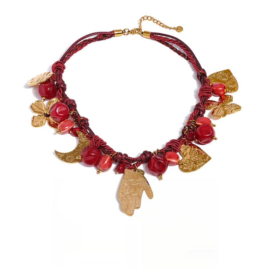 Red rope braided flower moon heart pendant necklace - product image