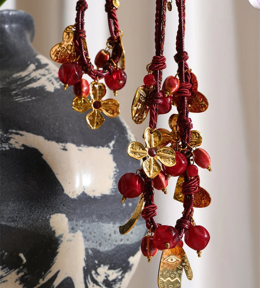 Red rope braided flower moon heart pendant necklace - product image