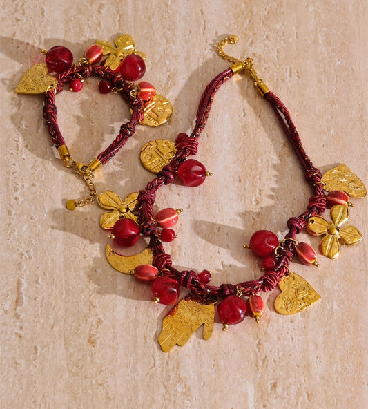 Red rope braided flower moon heart pendant necklace - product image