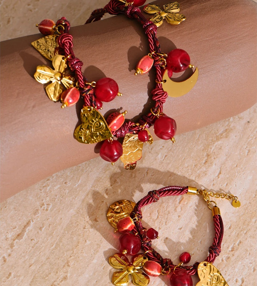 Red rope braided flower moon heart pendant necklace - product image