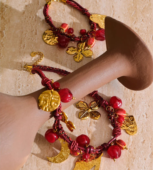 Red rope braided flower moon heart pendant necklace - product image