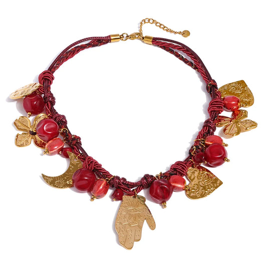 Red rope braided flower moon heart pendant necklace - product image