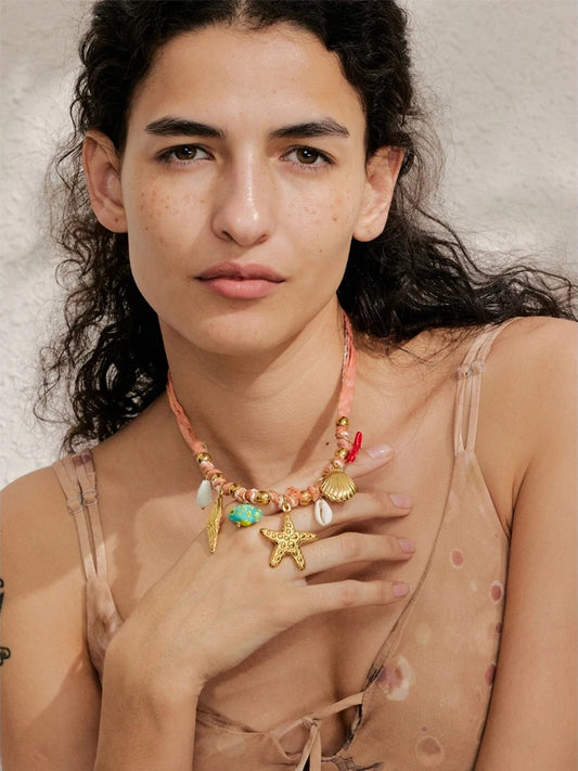 Red rope ceramic shell conch starfish necklace - product image