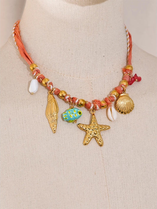 Red rope ceramic shell conch starfish necklace - product image