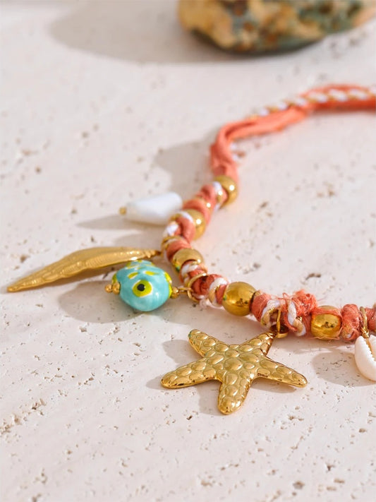 Red rope ceramic shell conch starfish necklace - product image