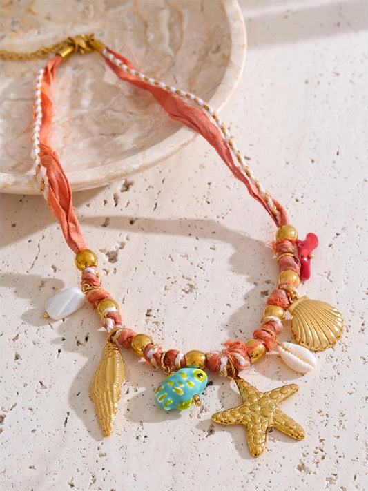 Red rope ceramic shell conch starfish necklace - product image