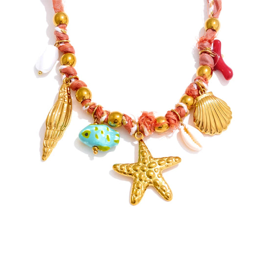 Red rope ceramic shell conch starfish necklace - product image