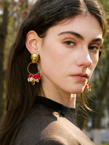 Red stone shell conch drop dangle earrings - product image