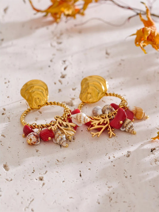Red stone shell conch drop dangle earrings - product image