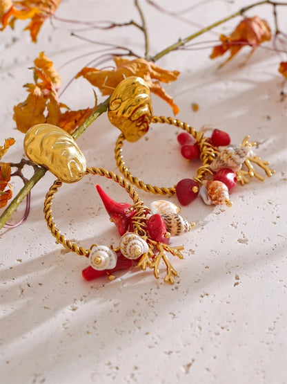 Red stone shell conch drop dangle earrings - product image