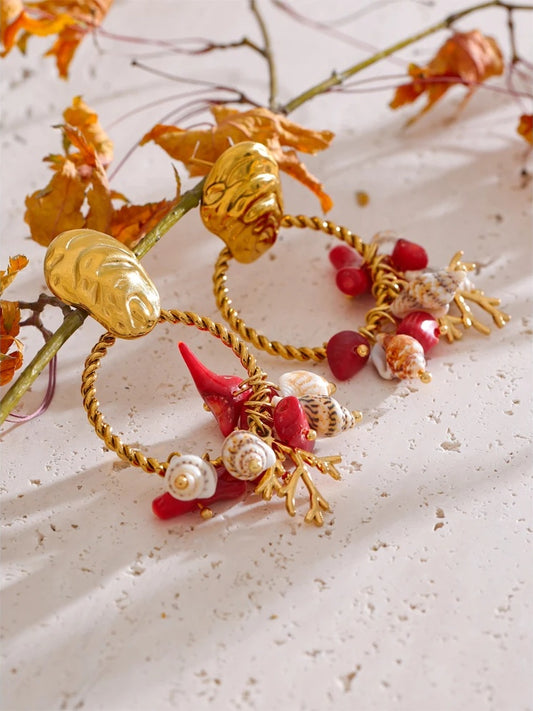 Red stone shell conch drop dangle earrings - product image