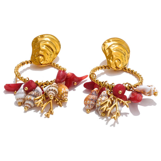 Red stone shell conch drop dangle earrings - product image