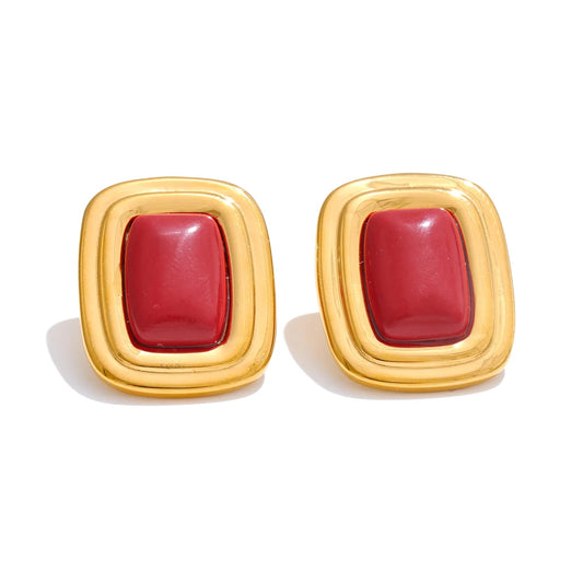 Red white black rectangle natural stone stud earrings - product image