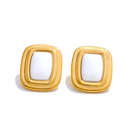 Red white black rectangle natural stone stud earrings - product image