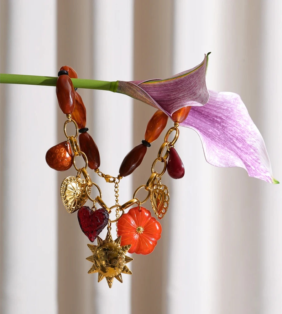 Resin chain heart flower sun pendant necklace - product image