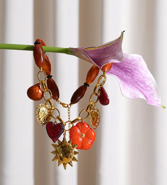 Resin chain heart flower sun pendant necklace - product image