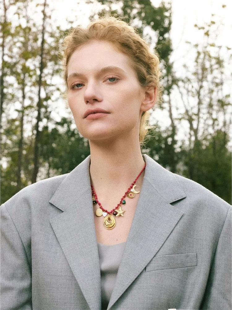 Rope braided natural stone moon star necklace - product image