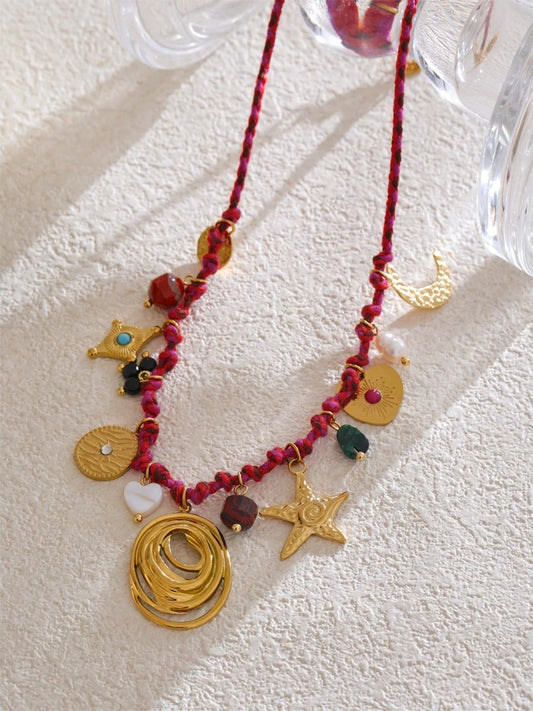 Rope braided natural stone moon star necklace - product image