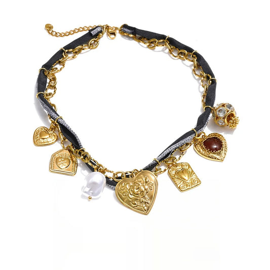 Rope braided zirconia pearl heart pendant necklace - product image