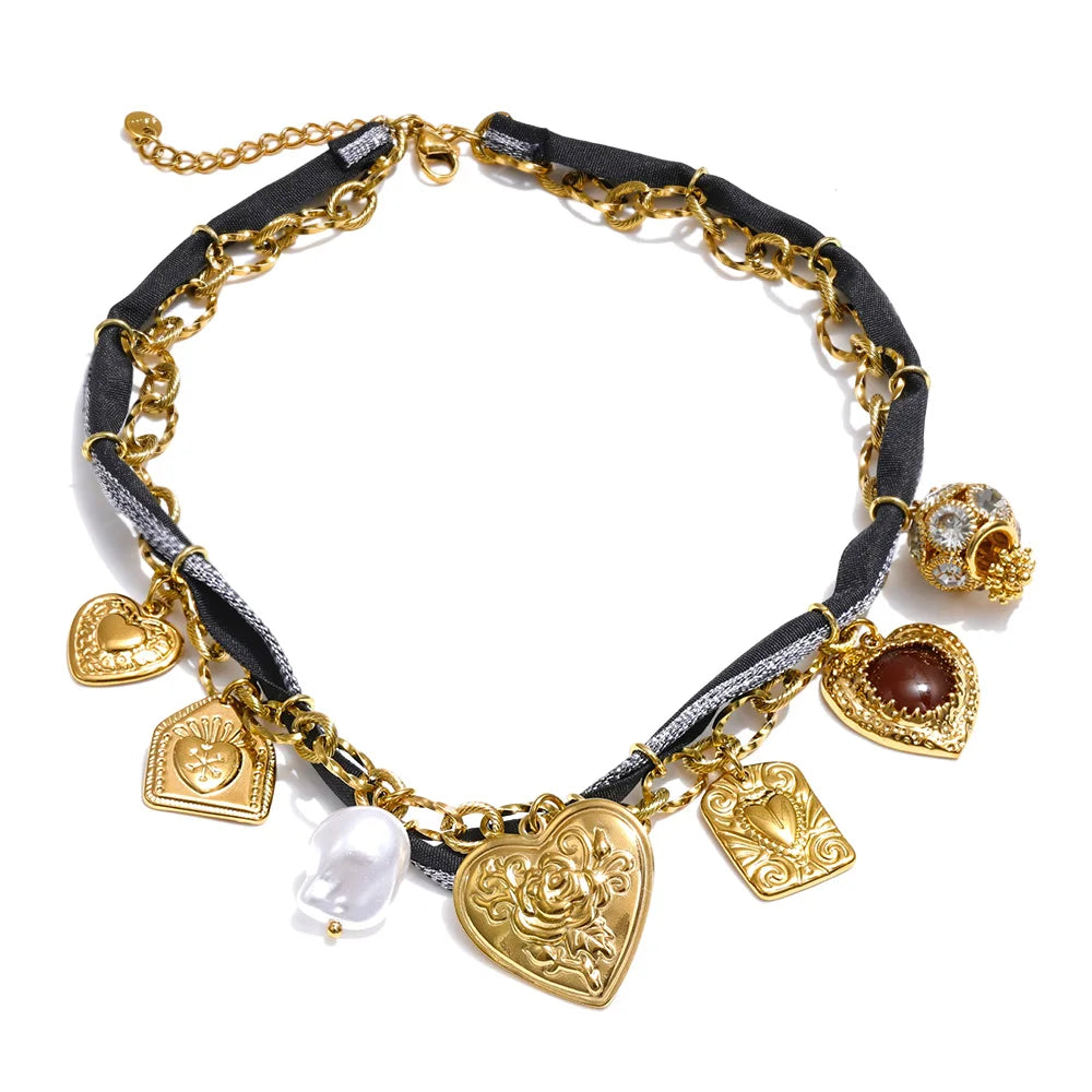 Rope braided zirconia pearl heart pendant necklace - product image