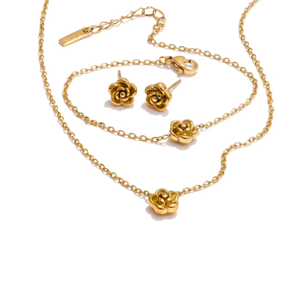 Rose flower chain necklace bracelet earrings set - product image