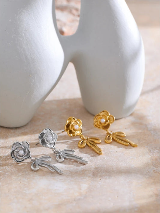 Rose flower pearl bow knot drop earrings - product image