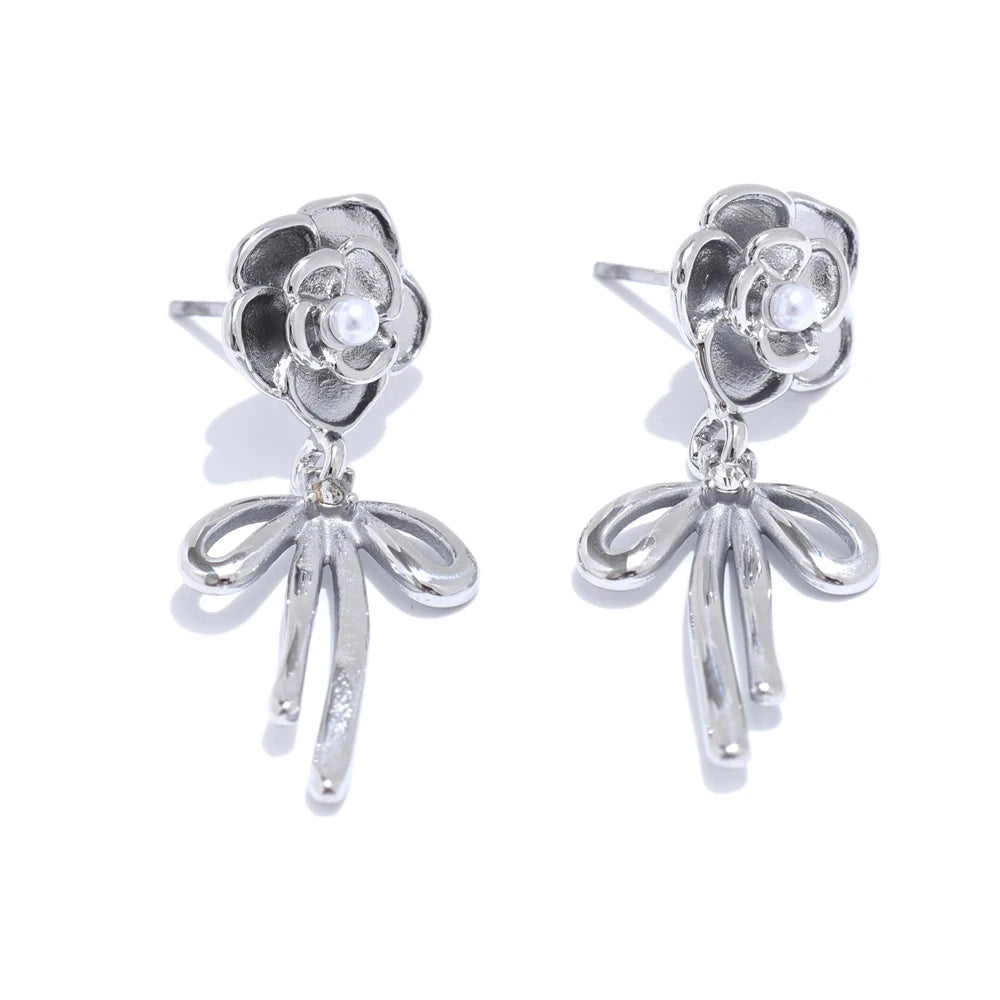 Rose flower pearl bow knot drop earrings - product image