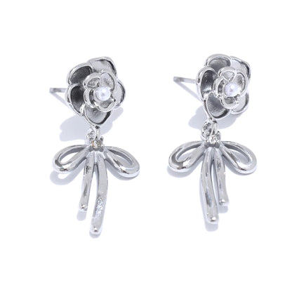 Rose flower pearl bow knot drop earrings - product image