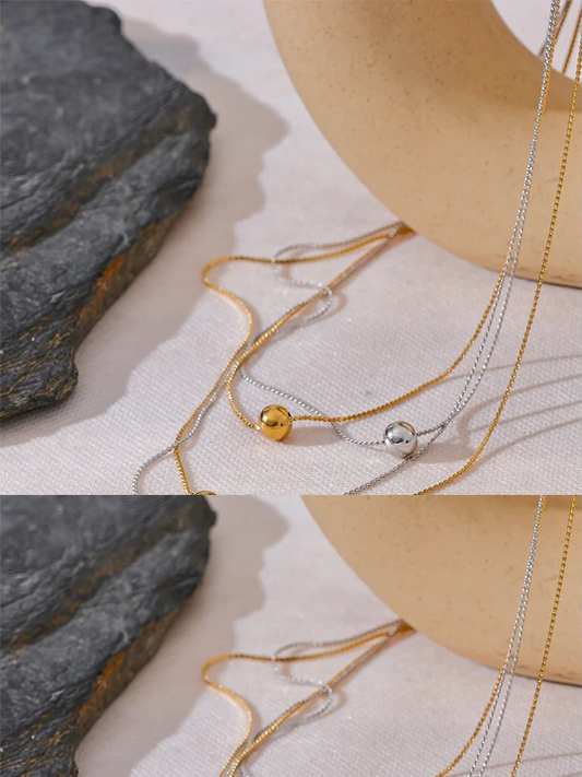 Round bead long layered gold silver color pendant necklace - product image