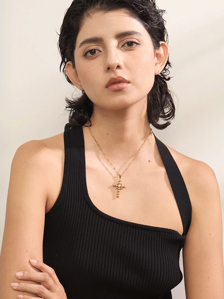 Round beads cross pendant fashion statement necklace - product image