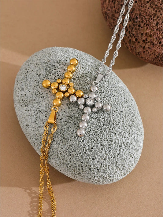 Round beads cross pendant fashion statement necklace - product image