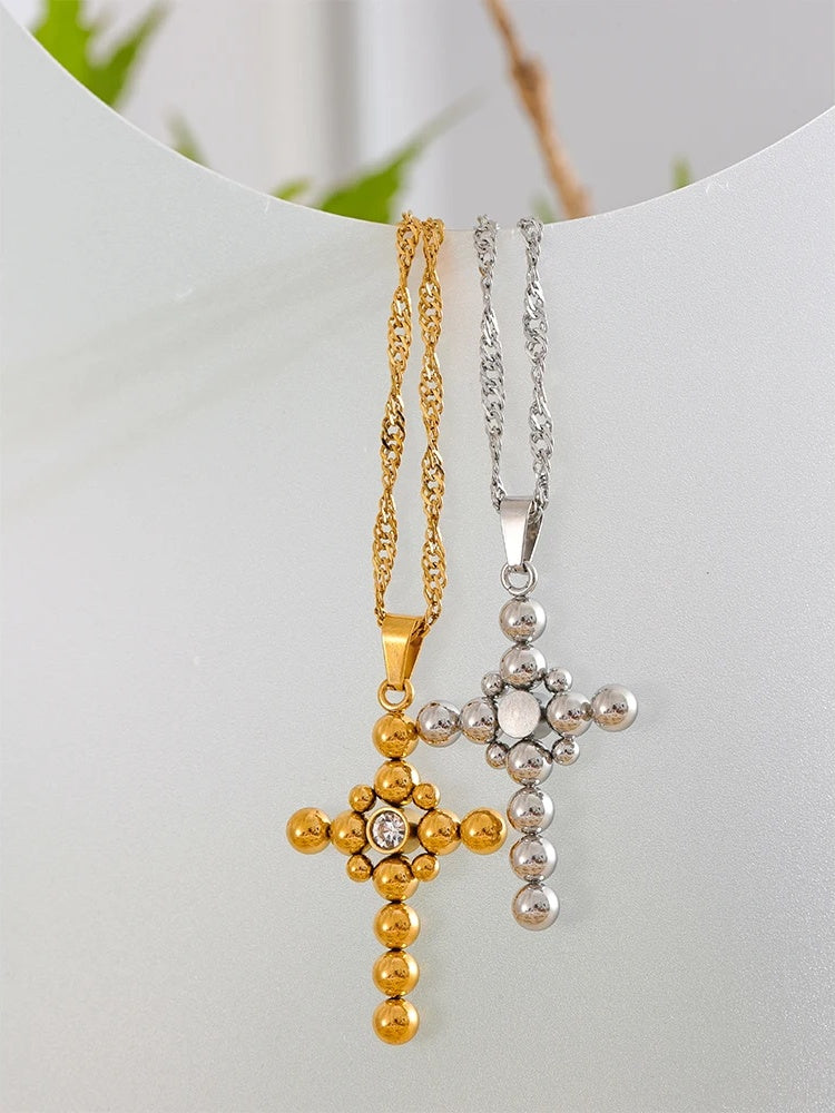 Round beads cross pendant fashion statement necklace - product image