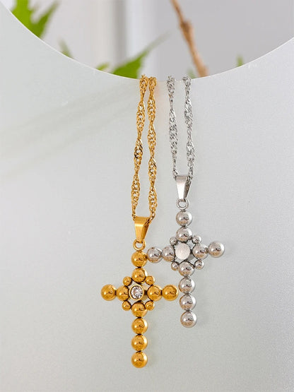 Round beads cross pendant fashion statement necklace - product image