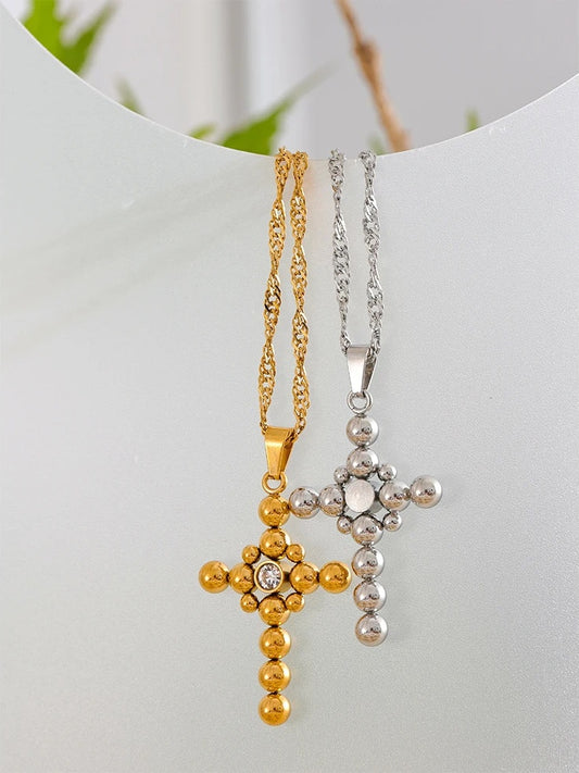 Round beads cross pendant fashion statement necklace - product image
