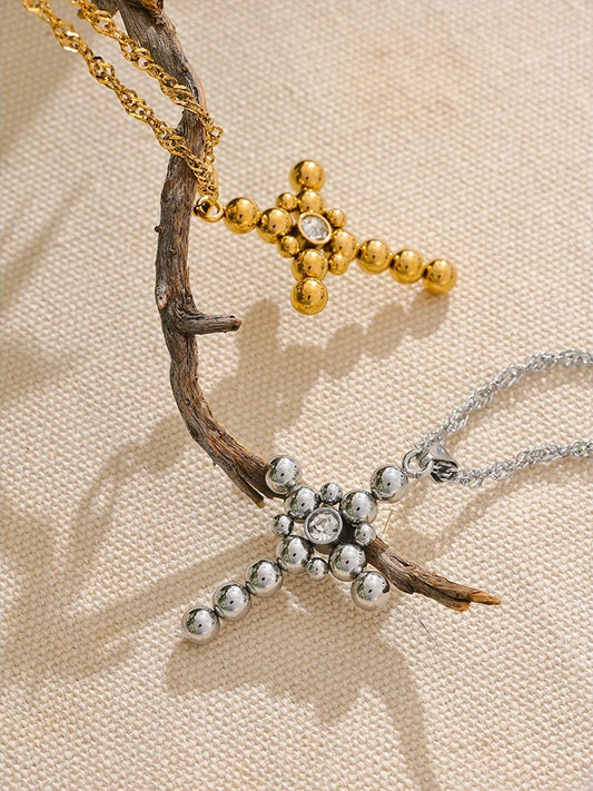 Round beads cross pendant fashion statement necklace - product image