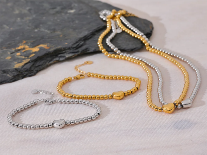 Round beads heart necklace bracelet set - product image