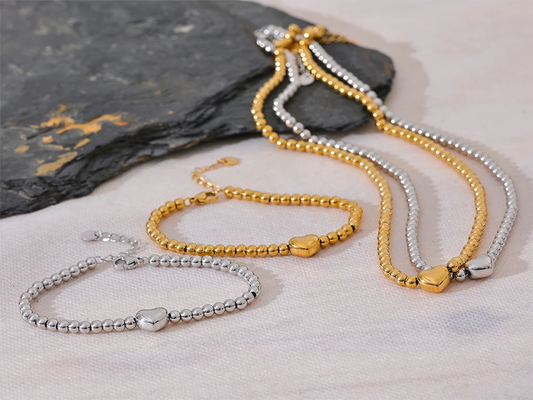 Round beads heart necklace bracelet set - product image