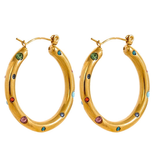 Round colorful cubic zirconia hoop earrings - product image