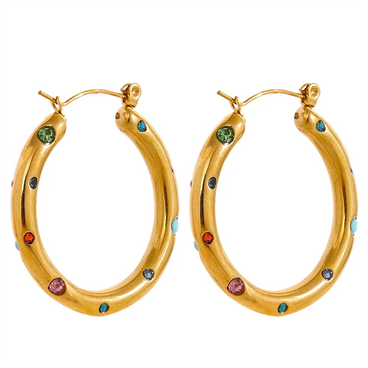 Round colorful cubic zirconia hoop earrings - product image