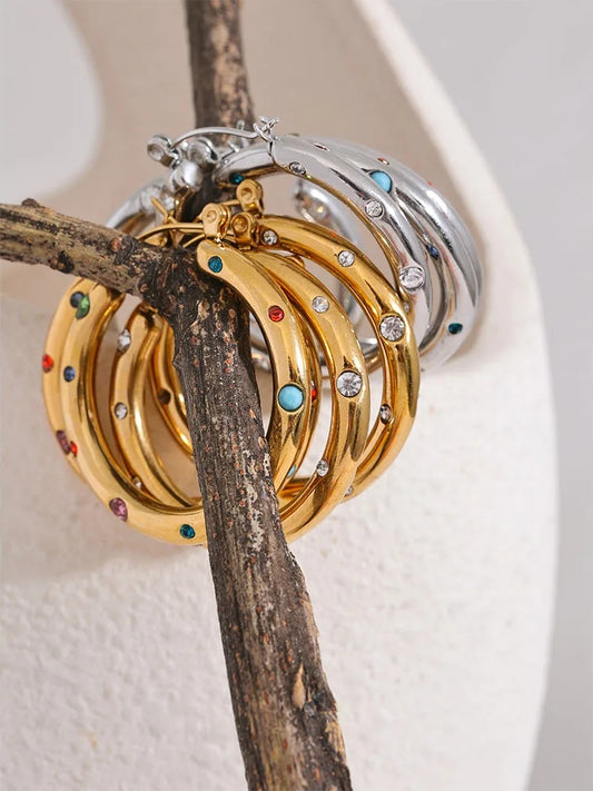 Round colorful cubic zirconia hoop earrings - product image