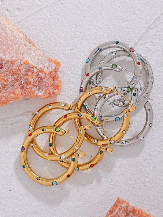 Round colorful cubic zirconia hoop earrings - product image
