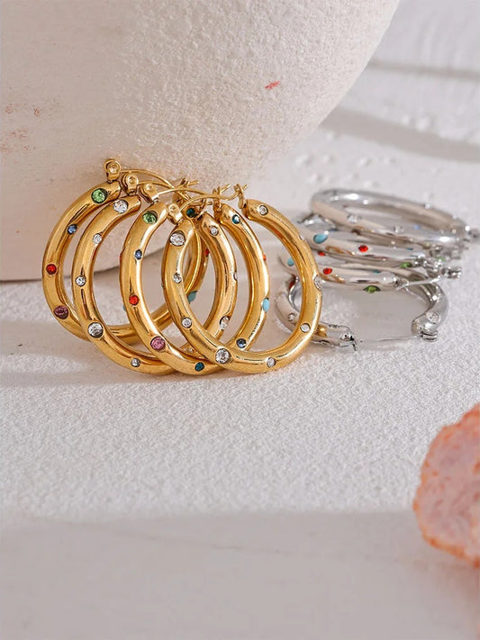 Round colorful cubic zirconia hoop earrings - product image