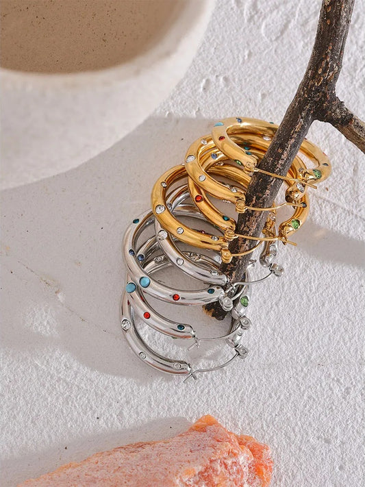Round colorful cubic zirconia hoop earrings - product image