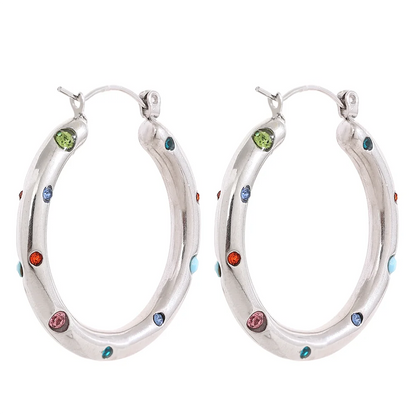 Round colorful cubic zirconia hoop earrings - product image