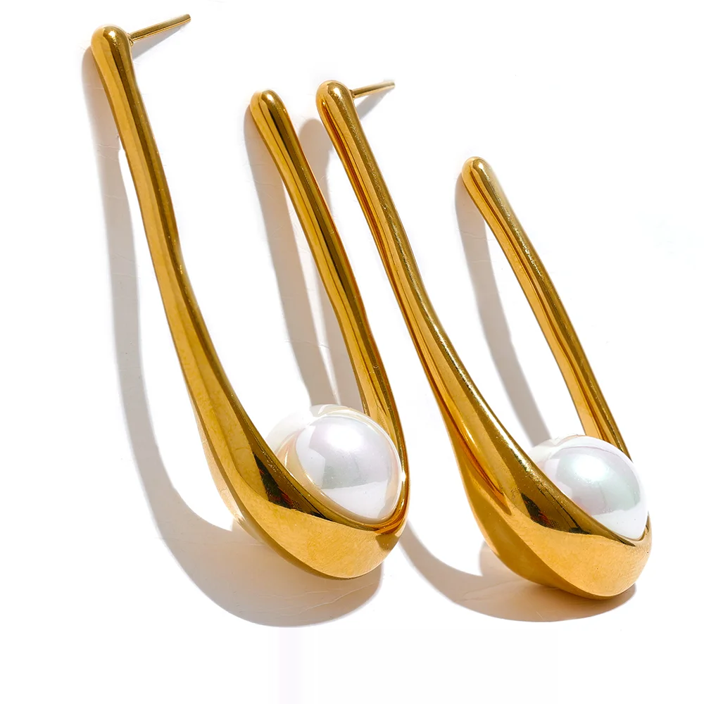 Round modern imitation pearl hoop earrings - product image