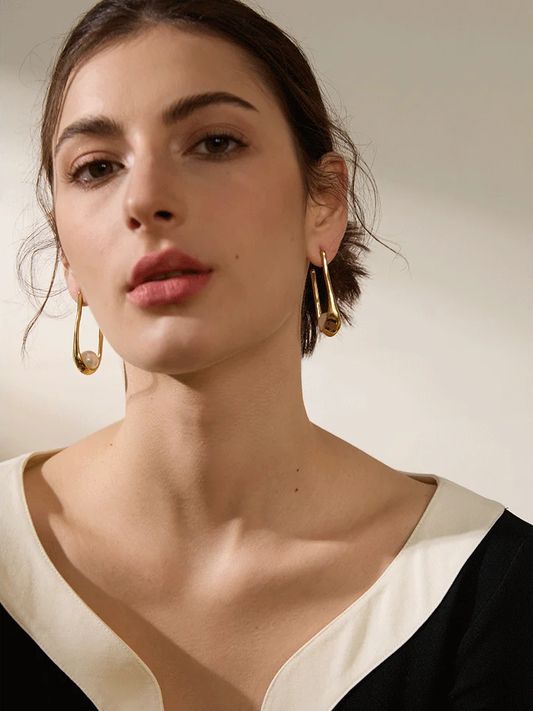 Round modern imitation pearl hoop earrings - product image