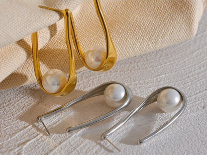 Round modern imitation pearl hoop earrings - product image