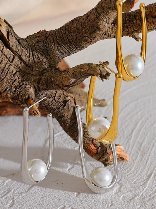Round modern imitation pearl hoop earrings - product image