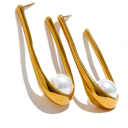Round modern imitation pearl hoop earrings - product image